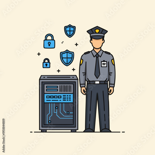 Security Guard with Server Computer.