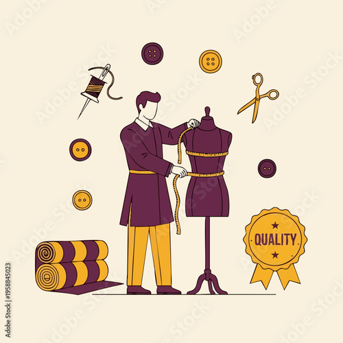 Tailor measuring a mannequin with various sewing tools and fabric rolls around him, symbolizing quality craftsmanship.
