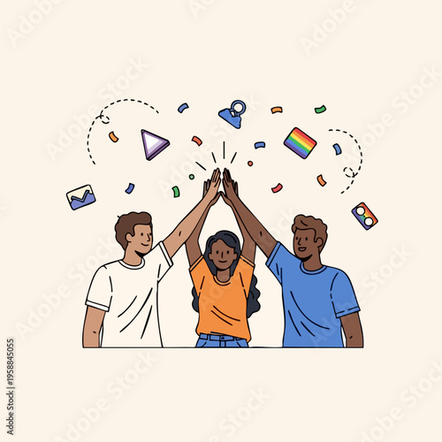 Three people high five each other.