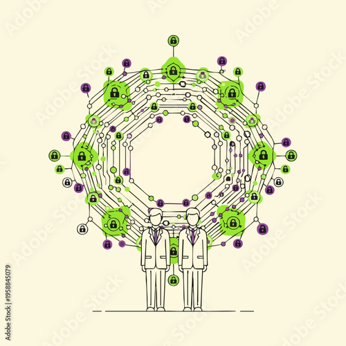 Two businessmen standing under a digital network security system.