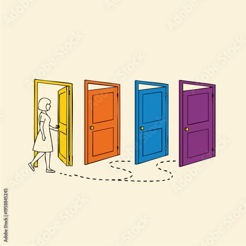 Woman Choosing Colorful Door Options.