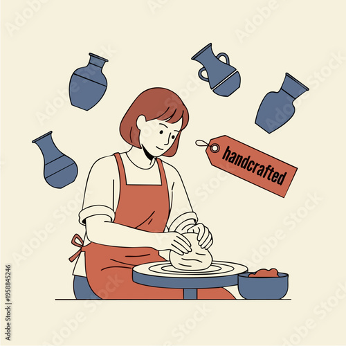 Woman creating pottery on a wheel with handcrafted tag and finished vases.