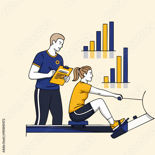 Woman on rowing machine with coach.
