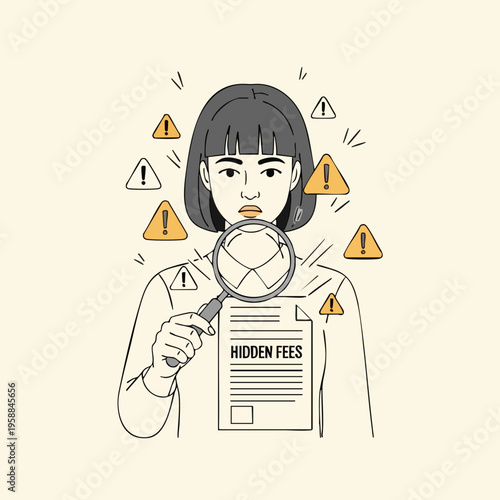 Woman with Magnifying Glass Scrutinizing Document for Hidden Fees.