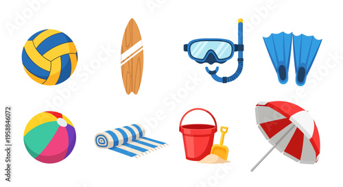 Beach icon set includes volleyball, surfboard, and snorkeling gear on sandy shore.