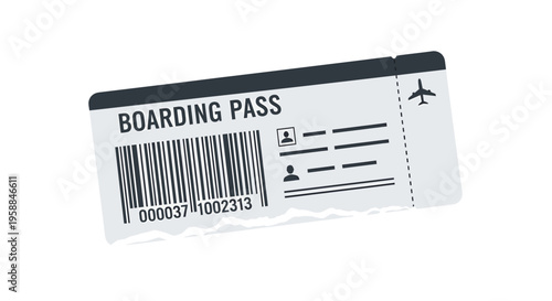 An icon of a boarding pass with a barcode and airplane on a white background.