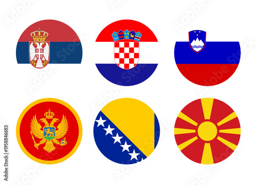 Ex Yugoslavia flags circle icons set, official Balkan countries round flag collection. Set of flags of Serbia, Croatia, Slovenia, Montenegro, Bosnia and Herzegovina and Northern Macedonia 