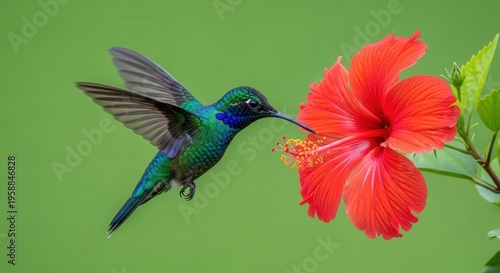 Vibrant Hummingbird Drinking Nectar from Bright Red Hibiscus Flower in Nature Scene
