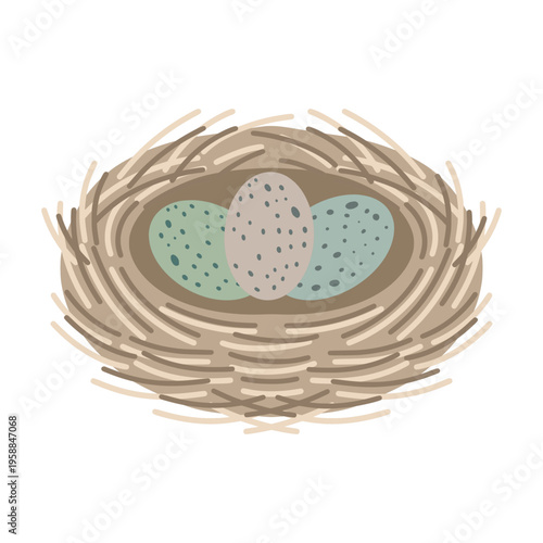 Nest with three speckled eggs, celebrating easter holiday