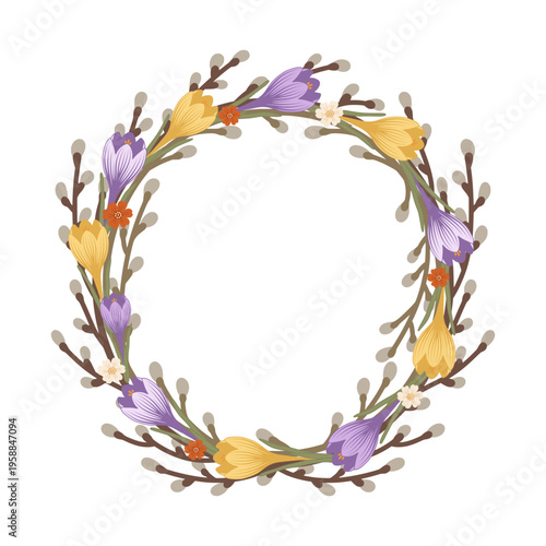 Spring floral wreath featuring crocus and pussy willow