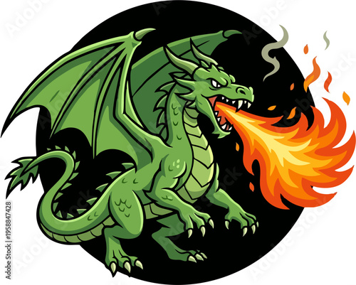 Cartoon Green Dragon Breathing Fire Flames on Black Circular Background Emblem