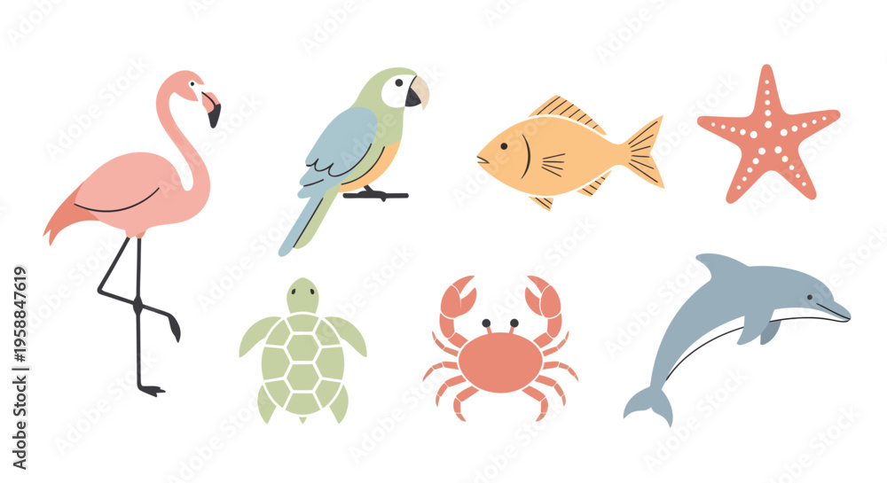 Naklejka premium A colorful icon set of marine and tropical animals on a white background