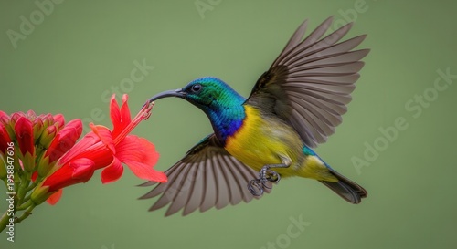 Vibrant Hummingbird Hovering Near Bright Pink Flower in Nature Scene