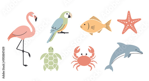 A colorful icon set of marine and tropical animals on a white background