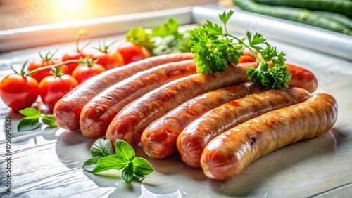 A photo of sausages on a white background Sausages, white background, food, breakfast, lunch, dinner, meat, cooking, culinary, appetizer, snack, deli