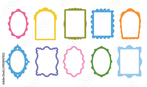 Set of 10 colorful decorative vector frames featuring scalloped, wavy and ornate borders in oval, arch and rectangular shapes. Perfect for labels, invitations, stickers and greeting card designs.