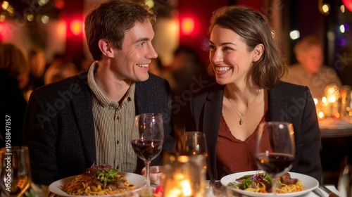Couple Sharing Dessert During Romantic Candlelit Dinner in Cozy Restaurant