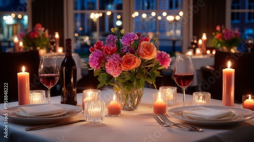 Romantic Restaurant Table with Candles, Wine and Flowers, Cozy Intimate Dinner Atmosphere