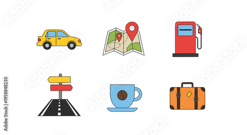 Travel icon set including car, map, gas pump, road signs, coffee, and luggage