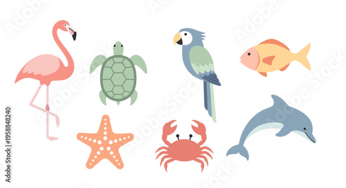 A colorful icon set of ocean creatures and animals on a white background