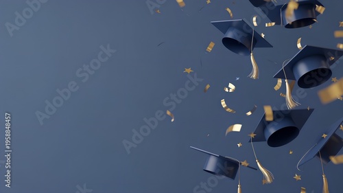 Celebratory 16:9 poster of blue graduation caps and gold confetti falling on dark background, symbolizing academic success, achievement, milestones, and festive graduation ceremony.