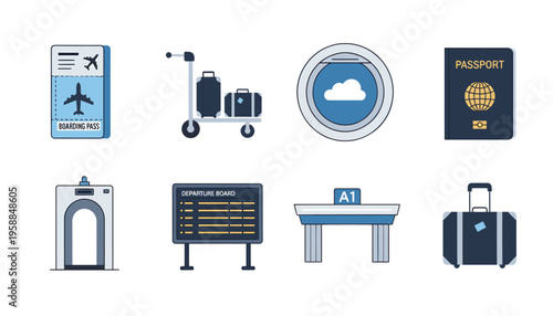 Travel icon set including airplane ticket and passport for airport departure