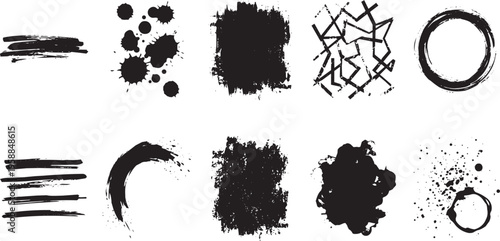 Collection of black ink brush strokes and textures on a white background