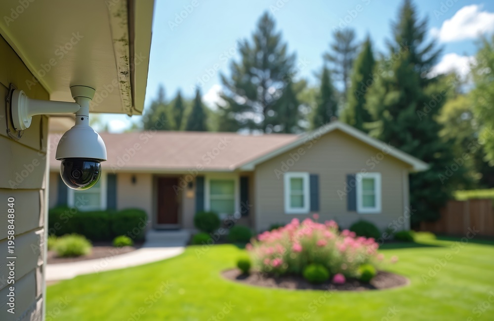 Obraz premium Modern security camera attached under house eaves monitors suburban home yard. White dome device offers property protection, surveillance with wide angle view. Smart tech enhances residential safety,