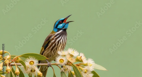 Vibrant Kingfisher Bird Perched on Blossom Branch with Light Green Background