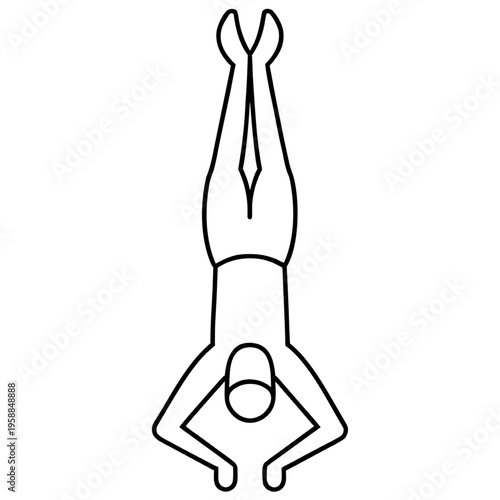 A black and white line art illustration of a person performing a vertical handstand yoga pose