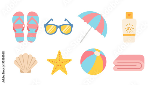 A colorful icon set of beach essentials on a white background includes flip flops.