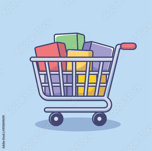 Metal supermarket trolley is filled high with brightly colored rectangular product boxes on a light blue backdrop.