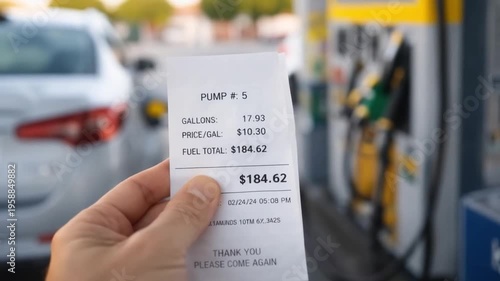 Gas station receipt fuel pump gasoline price fuel purchase hand holding receipt car refueling fuel cost payment proof fuel quantity vehicle refueling outdoor gas station payment transaction details