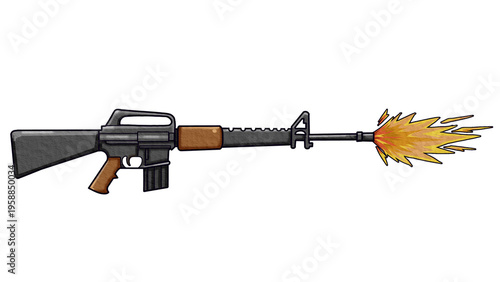 Cartoon Assault Rifle M16A1 Firing With Bright Muzzle Flash Illustration