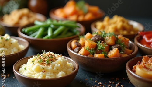 Various side dishes in bowls, like mashed potatoes, green beans, roasted root vegetables. Comfort food selection offers hearty meal components for occasion. Seasonal assortment shows home cooking.