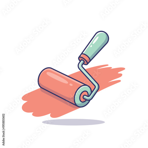 Paint roller tool creates a thick swath of coral colored paint on a white surface for home improvement projects.