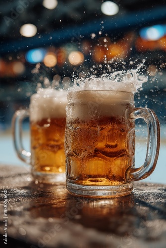 Beer festival advertising visual: golden pints with foam overflow, sparkling droplets, and bold background for copy space.