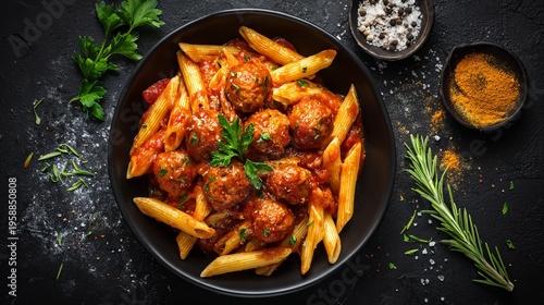 Penne pasta and meatballs swim in tomato sauce with salt and spices. Italian dish penne rests on dark concrete.