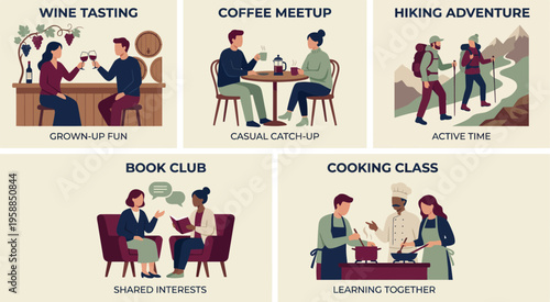 Couples enjoy various leisure activities including wine tasting, casual coffee meetups, hiking, book clubs, and cooking.