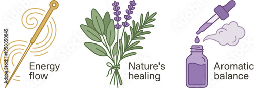 Three distinct symbols depict natural and alternative health practices including acupuncture, herbal remedies,.