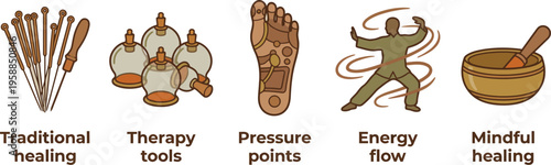 A collection of traditional and alternative healing methods includes acupuncture needles, cupping tools, reflexology,.