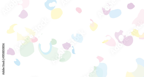 A scattered assortment of soft pastel colored abstract shapes and blobs floating gently against a clean white background with subtle transparency effects and organic forms suggesting fluidity