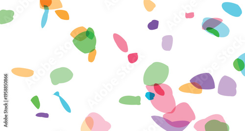 A vibrant collection of colorful transparent organic shapes and blobs scattered across a clean white background conveying a sense of playful abstraction and artistic freedom