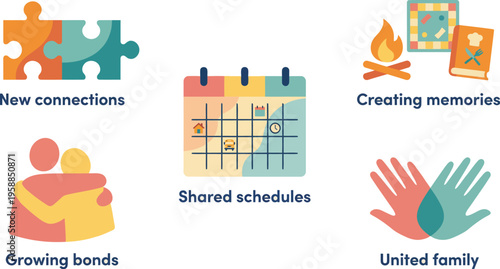 A set of simple icons displays different aspects of strengthening family and social relationships through shared activities.