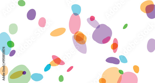 Abstract composition of overlapping translucent colorful organic shapes scattered across a bright white background creating a playful and modern graphic design element