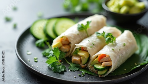 Fresh chicken avocado rolls served on dark plate with sliced cucumber and parsley garnish. Healthy spring rolls make light lunch or dinner option.