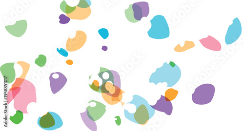 Abstract scattering of organic transparent colorful shapes with soft edges and varied opacities creating a light and playful visual aesthetic
