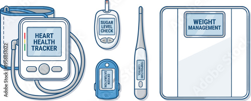 Various medical monitoring gadgets including a blood pressure monitor, glucose meter, thermometer, and weight scale are.