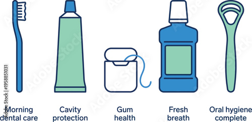 A row of essential oral hygiene products includes a toothbrush, toothpaste tube, dental floss dispenser, mouthwash bottle.