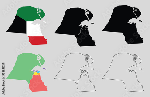 Kuwait map set with outline, silhouette and colored styles. Collection of map designs.